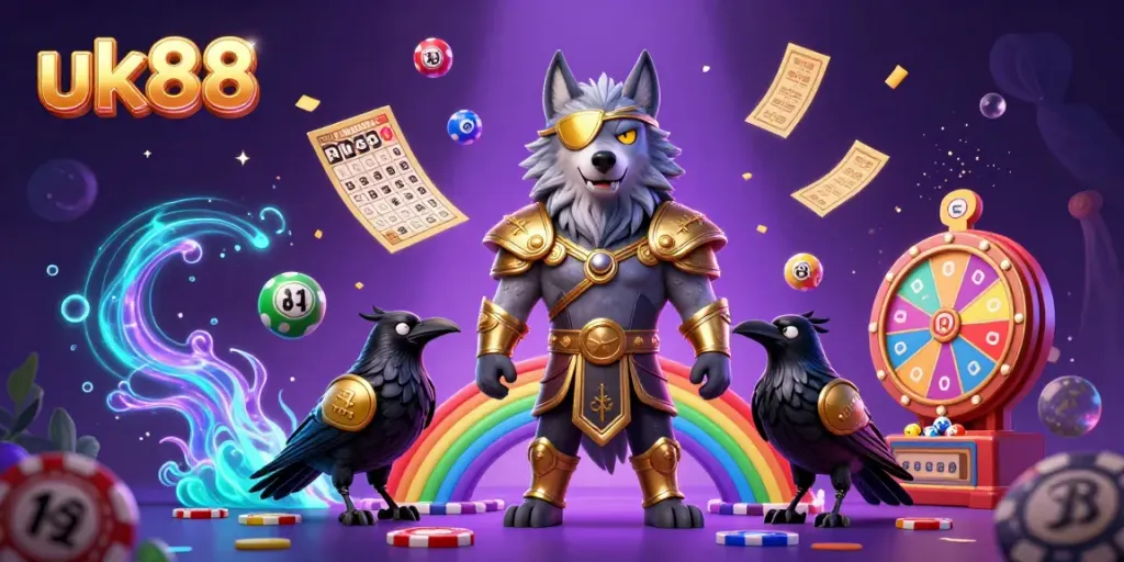Engage in thrilling lottery experiences at uk88 with a Norse mythology-inspired scene bursting with colorful game elements.