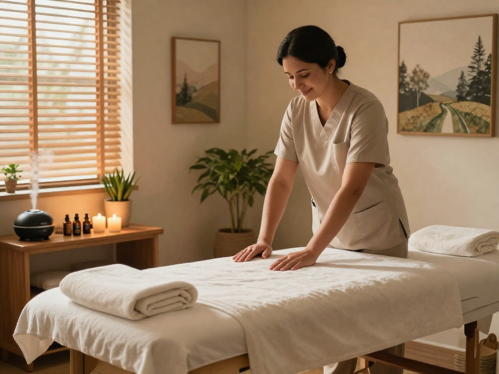 안양출장안마 - Relaxing massage therapy room with inviting ambiance and soothing elements.