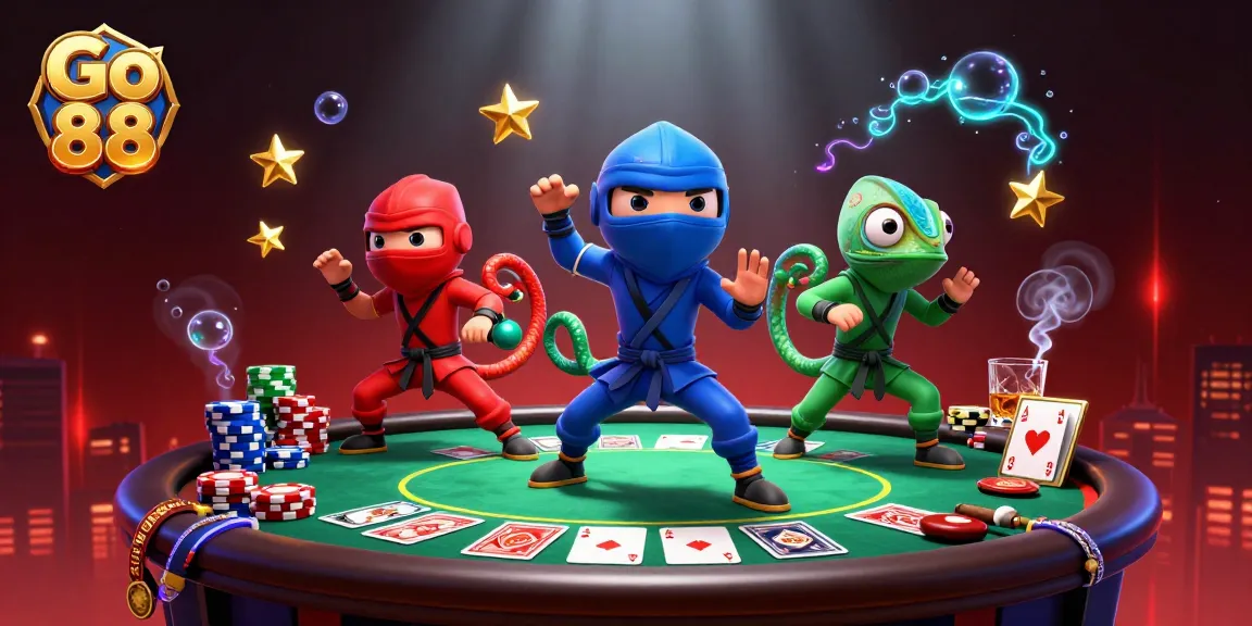 Experience the thrills of Go 88 with dynamic chameleon ninjas in an action-packed poker scene.
