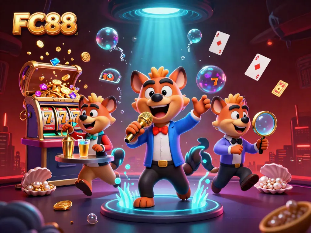 FC88 brings excitement with a vibrant comedy casino scene featuring hyena characters and engaging gaming elements.