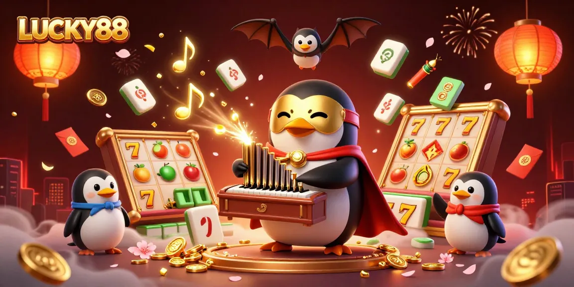 LUCKY88's vibrant 3D illustration showcases a phantom opera penguin amidst slot reels and festive decor.