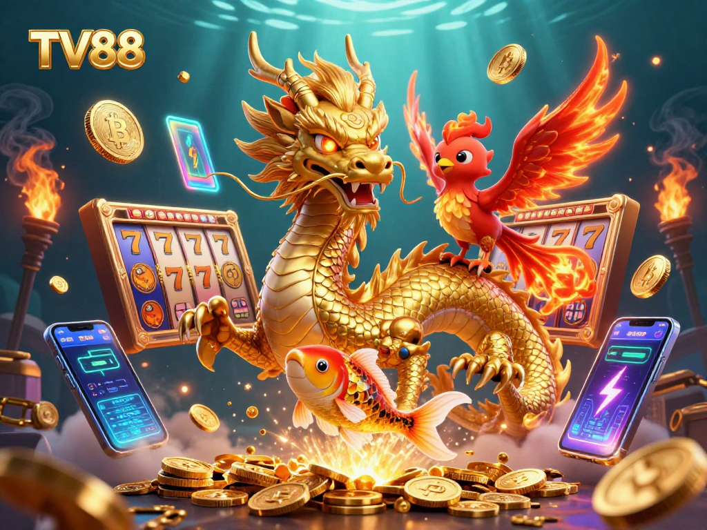 Experience winning at TV88 with a fierce dragon, phoenix, and golden koi amidst dynamic casino elements.