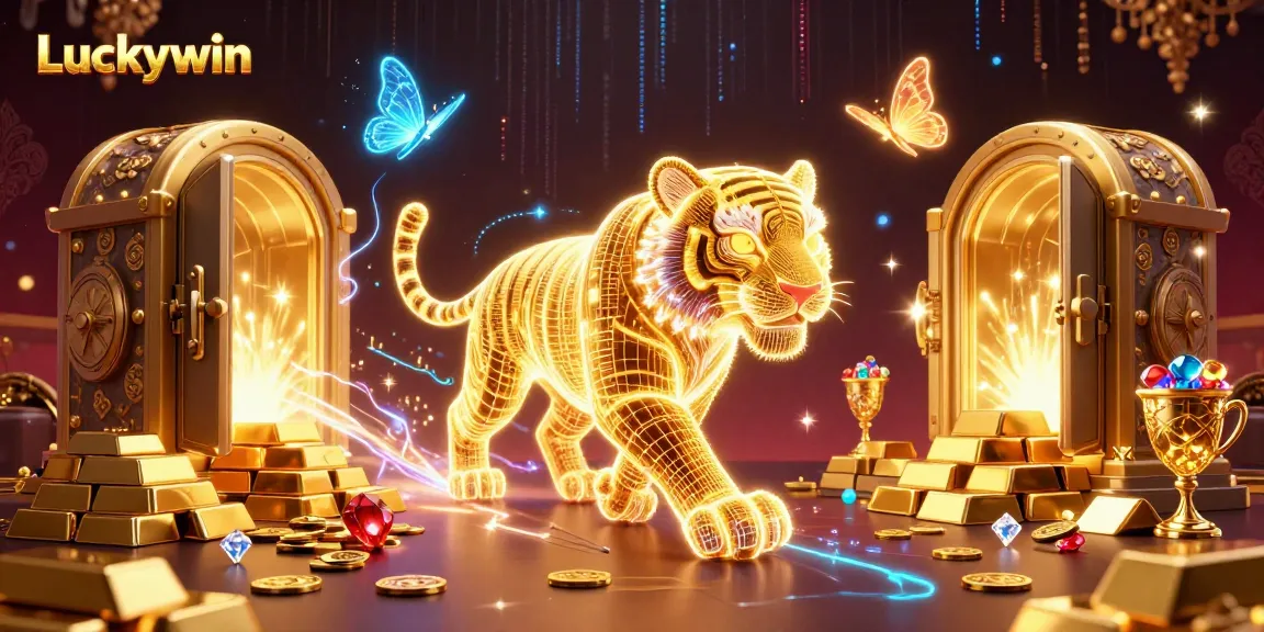 Experience the thrill of Luckywin with a luminous golden tiger in a dynamic casino scene.