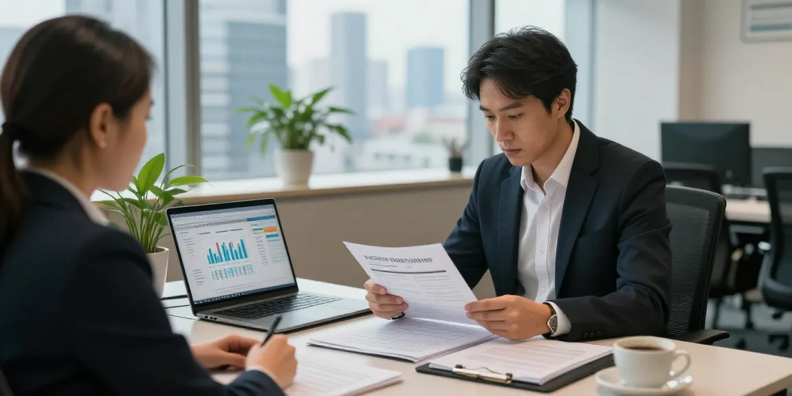 Ein Finanzberater analysiert Dokumente zu einem gesperrten Schweizer Bankkonto in einem modernen Büro, warmes Licht verstärkt die professionelle Atmosphäre.