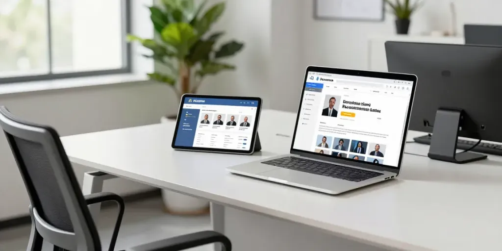 Headhunter Hamburg und moderne Personalberatung in einem eleganten Büro mit digitaler Rekrutierungsplattform.