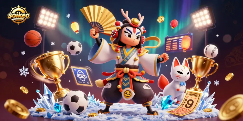Soikeo delivers sports betting action with a dynamic, colorful 3D illustration showcasing exciting game elements.