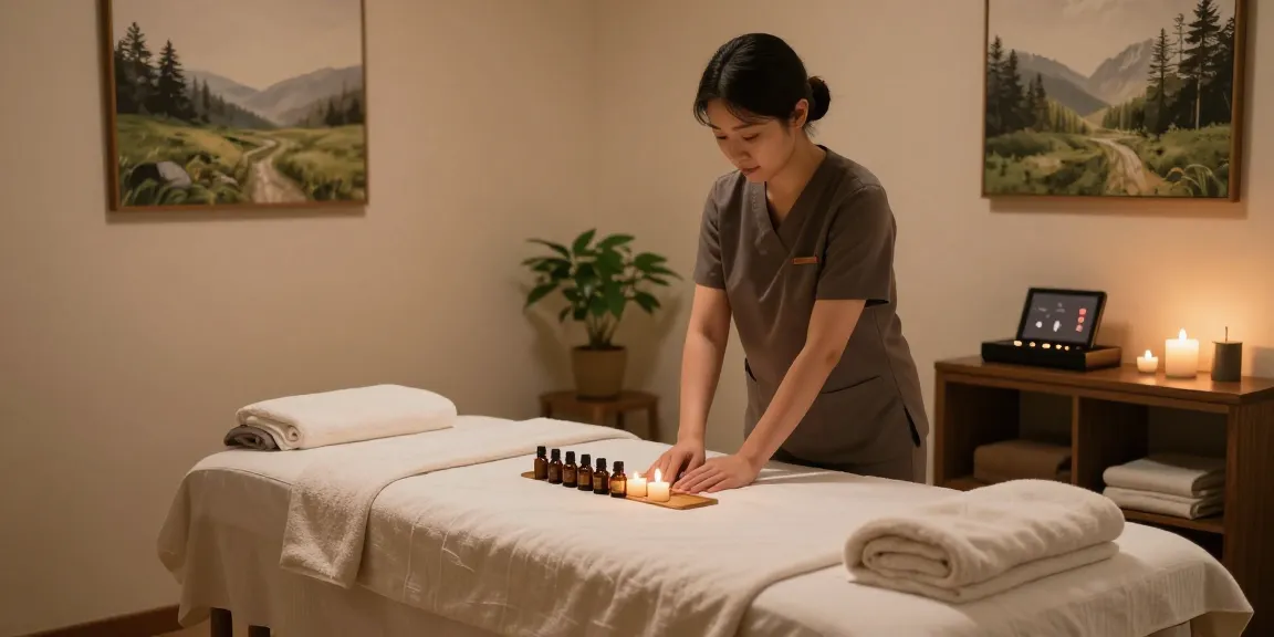 Relaxing and inviting spa scene for 강동구출장마사지 with massage therapist preparing the space.