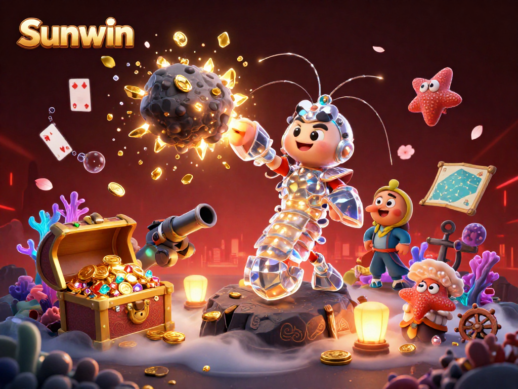 Experience Sunwin's dynamic universe with cartoon characters, gold coins, and game elements.