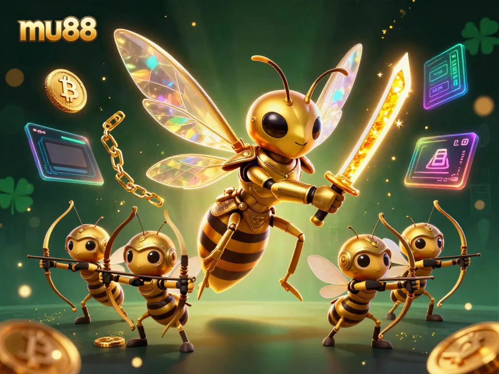 Experience thrilling mu88 gaming with a vibrant illustration of a giant golden hornet and bee archers amidst crypto elements.
