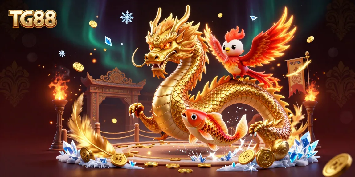 Engage in thrilling gameplay at TG88, featuring a golden dragon, vibrant phoenix, and lucky koi fish amidst animated casino elements.