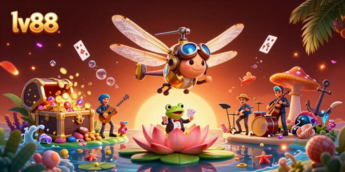 Experience the excitement at lv88 with a dragonfly pilot and a frog croupier in vibrant casino illustration
