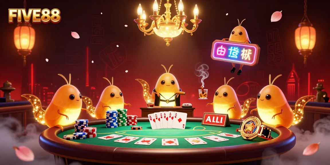Experience the excitement of FIVE88 as glowworms illuminate a lively casino with poker action.
