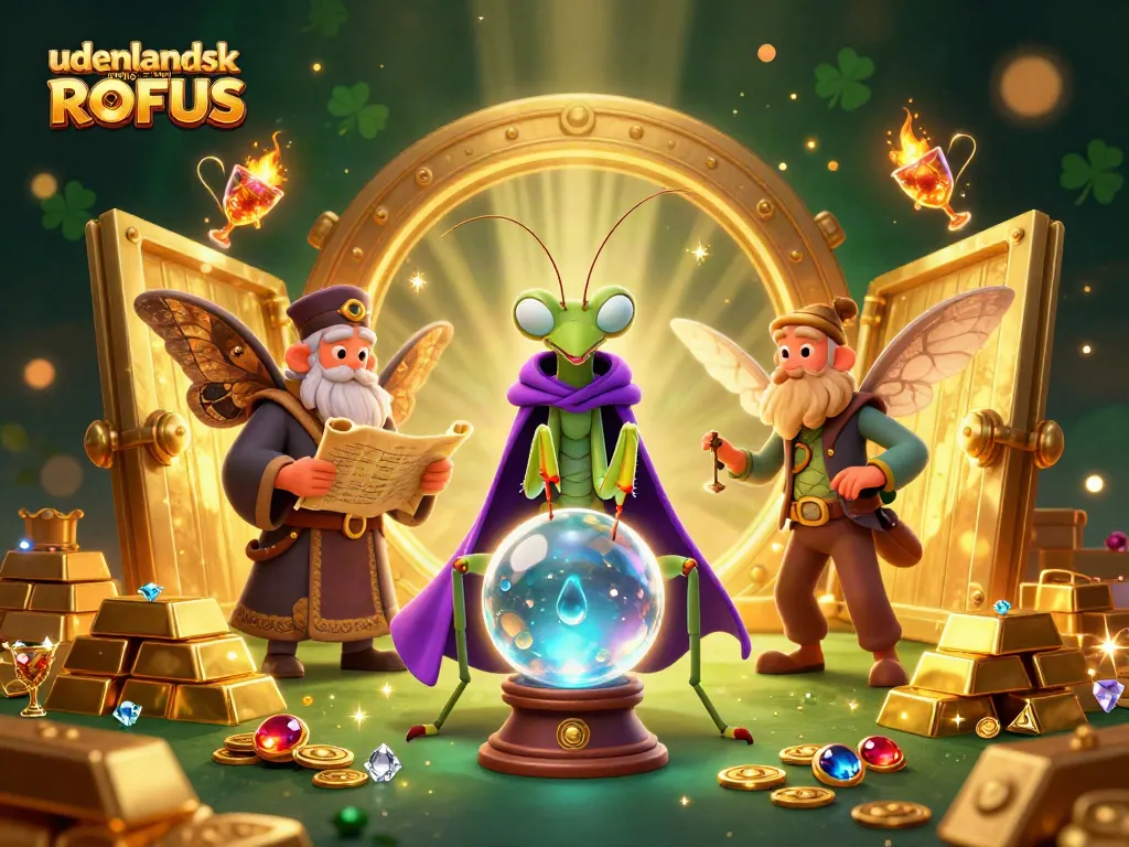 Spin and win at udenlandsk casino uden ROFUS with vibrant characters and dazzling treasures in a magical setting.