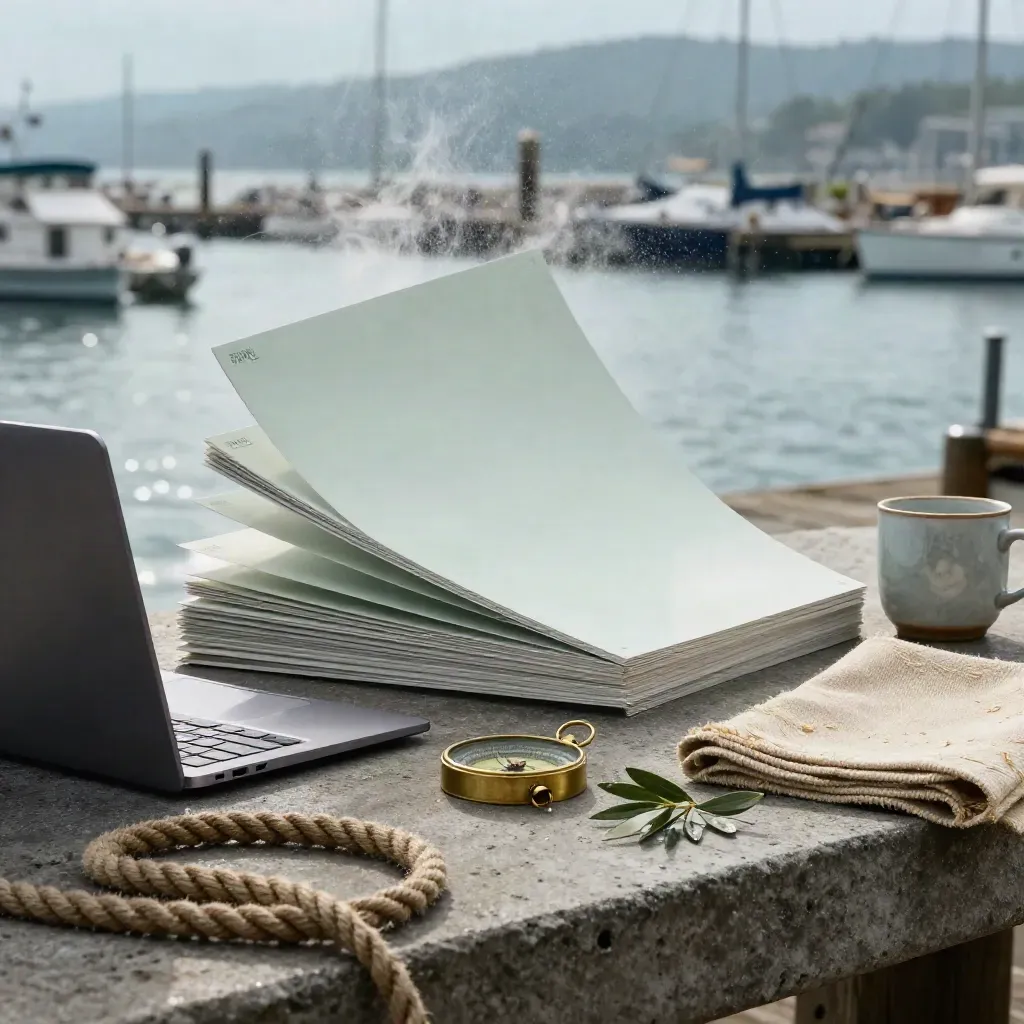 Gründer-Kit auf Beton am Hafen mit Pitch-Boards, Laptop, Kompass und Seil im Morgenlicht.