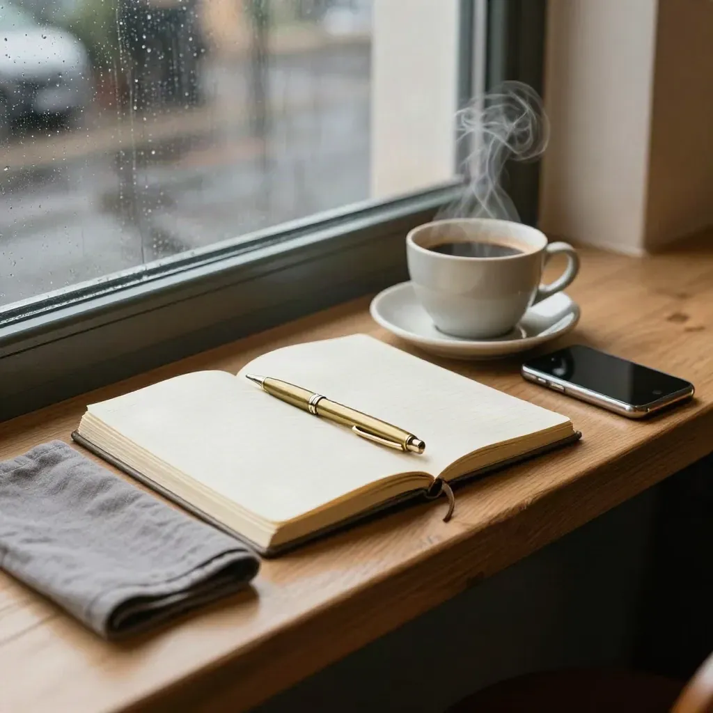 Kleine Café-Ecke am Fenster mit Notizbuch, Tasse, Stift und Smartphone bei Regen