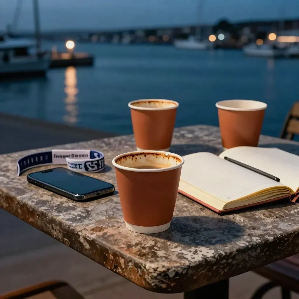 Dämmerung am Hafen mit ausgeschaltetem Handy, Notizbuch, Eventband und zwei leeren Kaffeetassen.