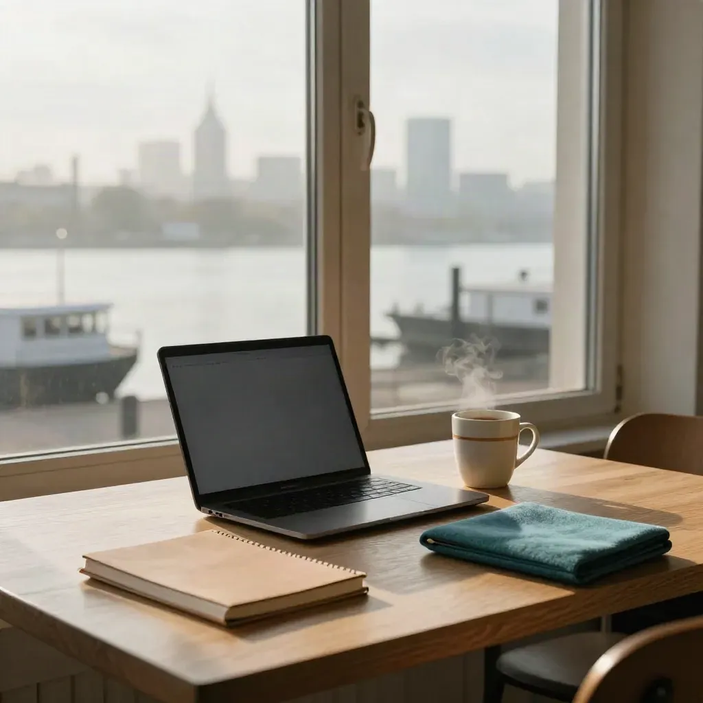 Coworking-Fenster am Hafen mit Laptop, Notizbuch und Kaffeebecher im Morgenlicht.