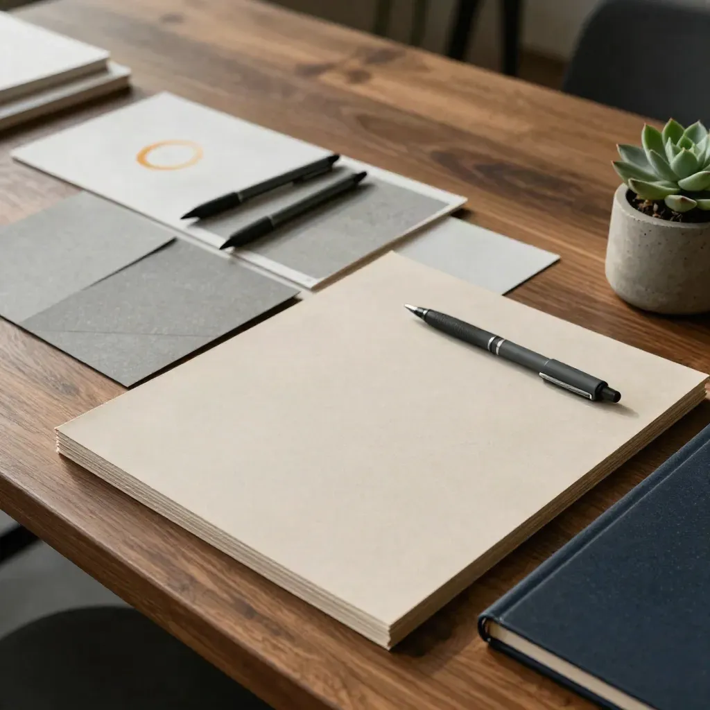 Pitch-Prüfung mit Board-Stapeln, zwei Stiften, Kaffeering und kleiner Pflanze auf Holztisch