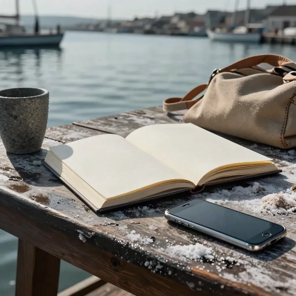 Mentoring-Tisch am Kai mit offenem Notizbuch, Handy, Steinglas und Canvas-Tasche im Dämmerlicht.