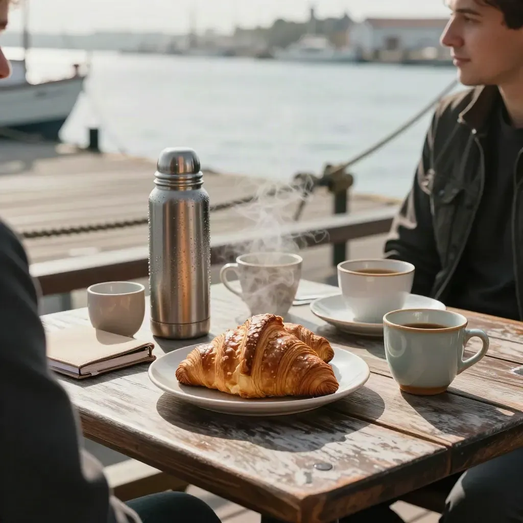 Frühstück im Hafen mit Croissants, Thermoskanne und Tassen im Morgenlicht.