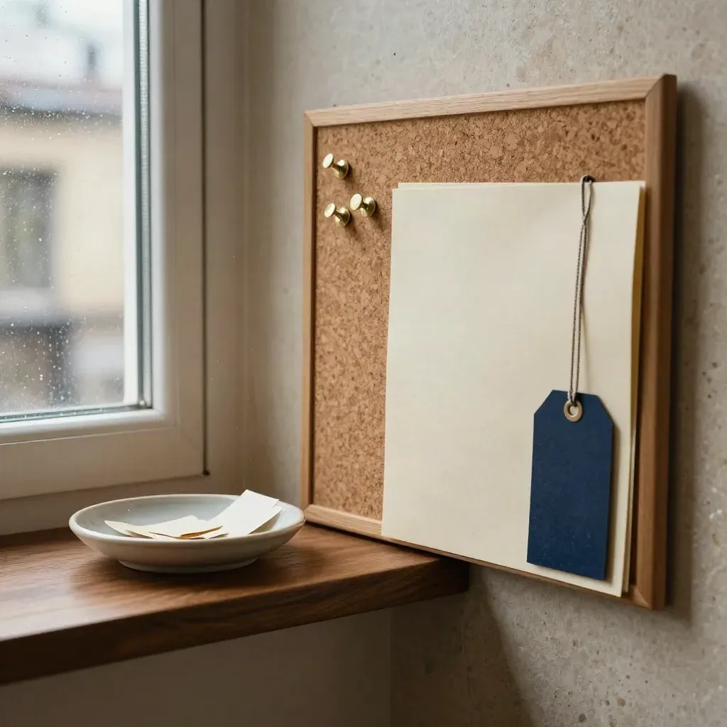 Corkboard mit drei Pins, Papiermappe und Keramikschale im warmen Licht.