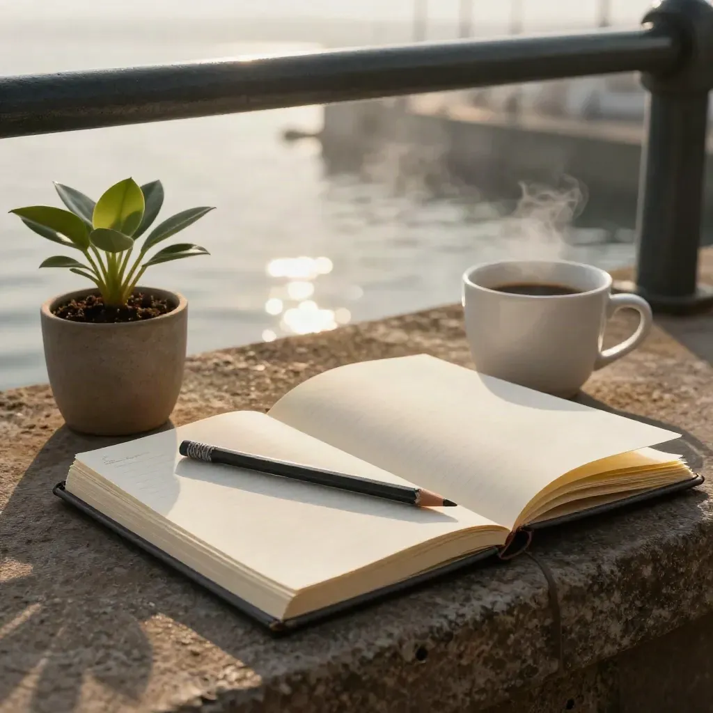 Offenes Notizbuch mit Bleistift, Kaffeebecher und Pflanze am Hafen-Geländer im Abendlicht