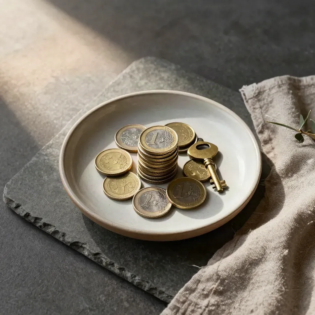 Schalen mit Euro-Münzen, Schlüssel, Olivenzweig und Leinen auf Stein von oben.