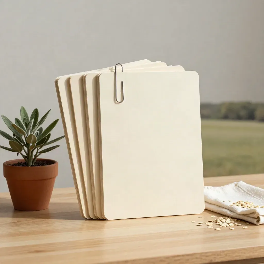 Gefächerte Pitch-Boards mit Papierclip, Pflanze und Stoff auf hellem Holz.