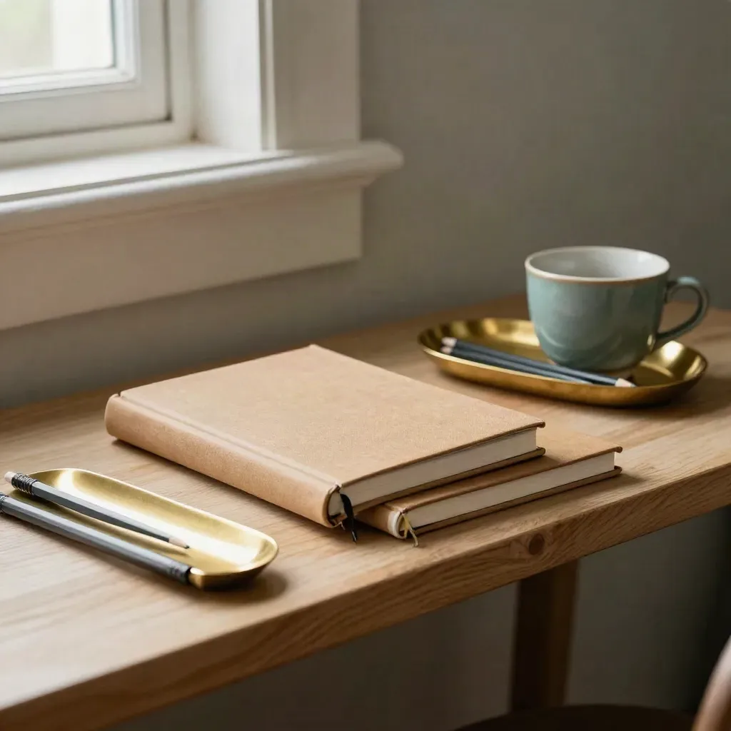 Zwei ineinandergelegte Notizbücher, Messing-Penablage, drei Stifte und Tasse auf hellem Holzregal.