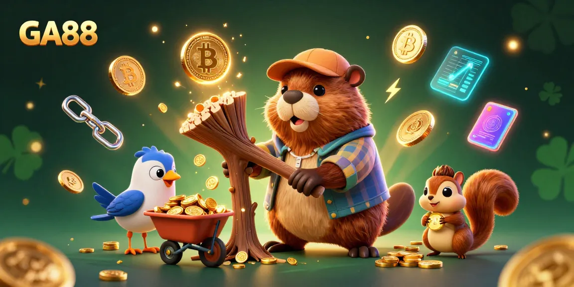 Engage in GA88 with a lively 3D casino scene featuring characters collecting golden coins.