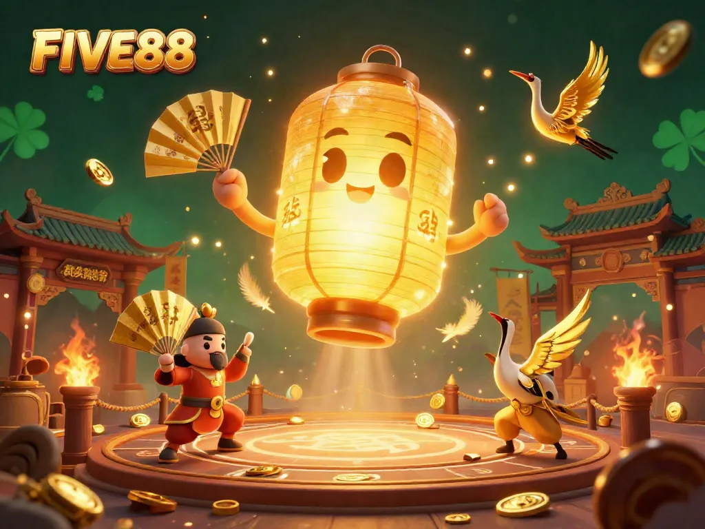 Experience thrilling gaming at FIVE88 with vibrant visuals, lucky symbols, and dynamic characters.