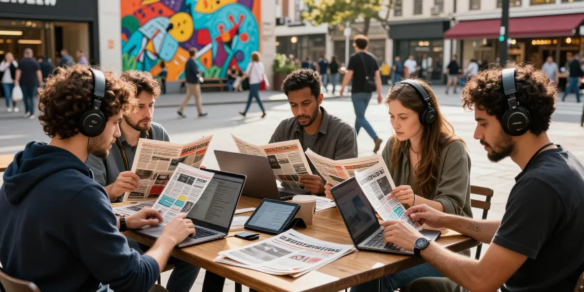 Dynamic scene showcasing journalists engaging with newsbochum content in a vibrant urban setting.