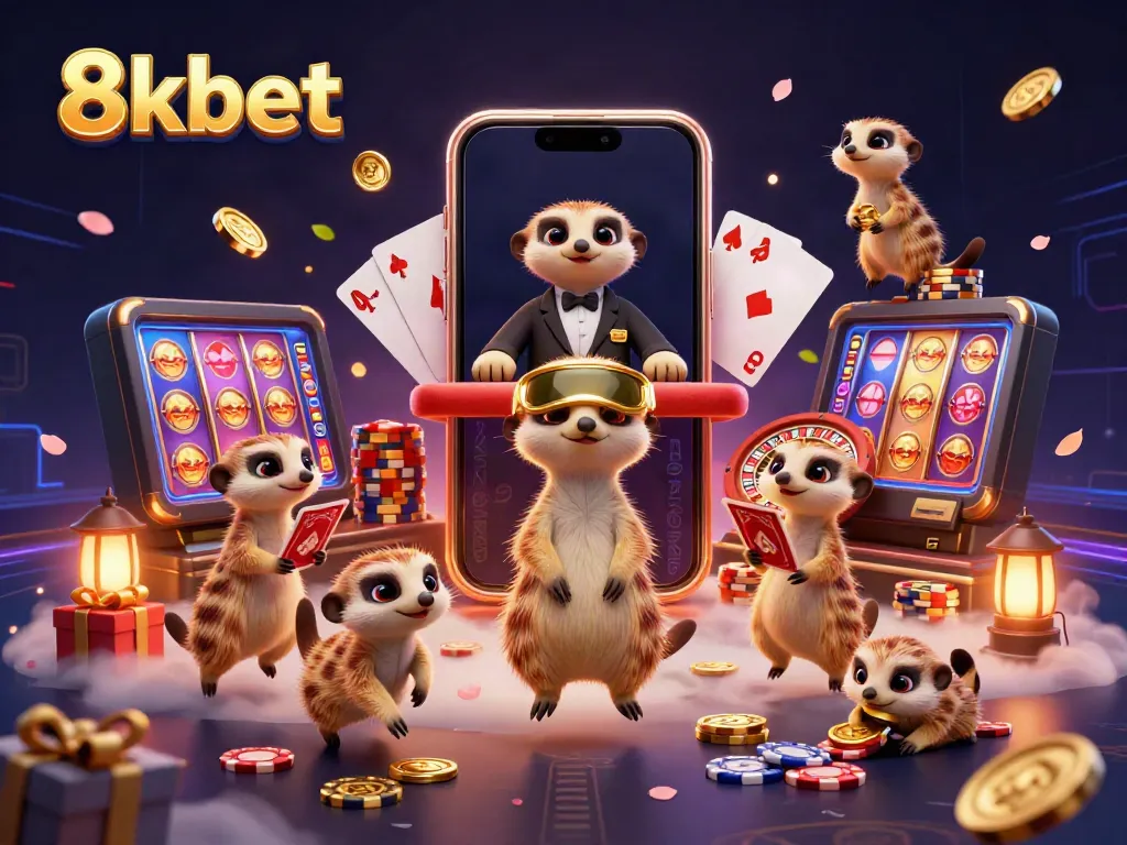 Experience thrilling gameplay at 8kbet with animated meerkats managing a vibrant casino scene.