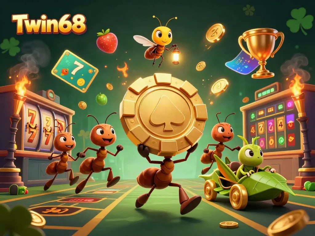 Experience the thrill of gaming at Twin68 with a vibrant heist scene featuring ants carrying a golden poker chip.
