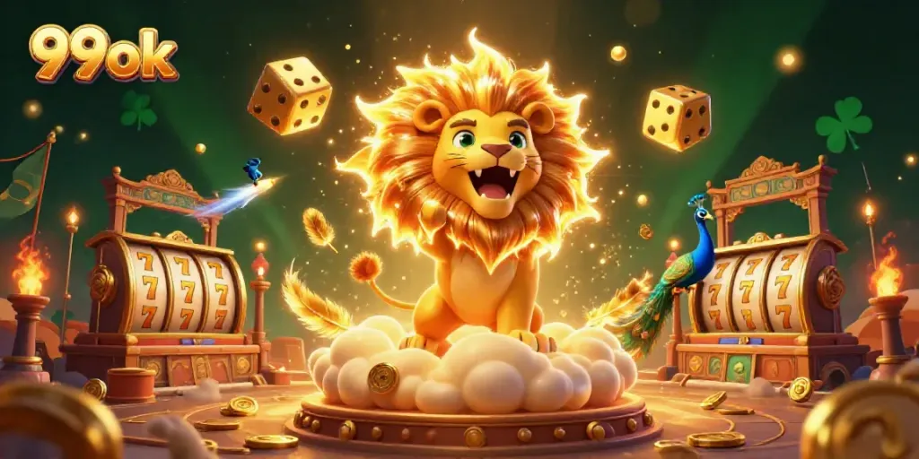 Engage with exciting slot gameplay featuring 99ok's animated characters amidst a golden casino backdrop.