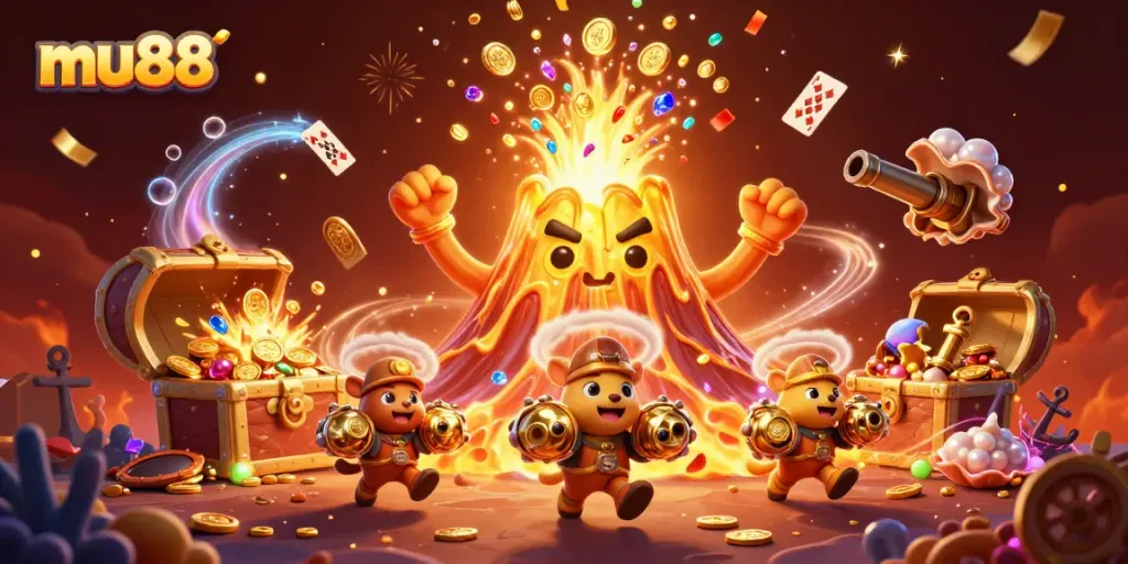 Experience thrilling moments with mu88 as a golden volcano erupts coins and gems in a vibrant casino scene.