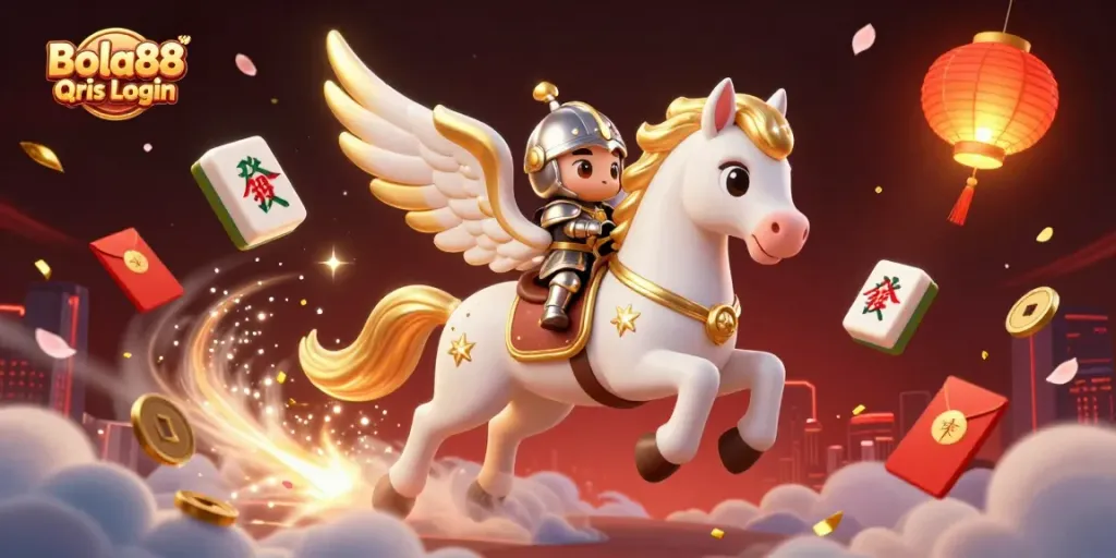 Bola88 Qris Login highlights an energetic scene with a celestial horse and knight amid casino symbols.