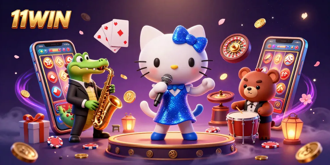 11WIN showcases a vibrant 3D casino scene with engaging characters and popular game elements.