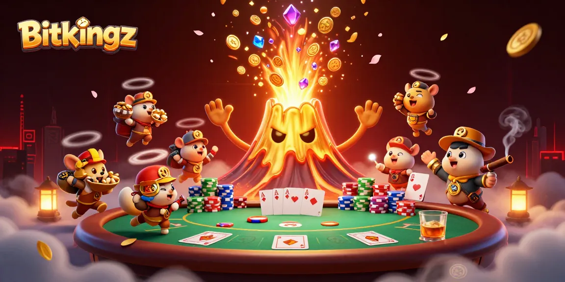 Bitkingz Casino bietet Spannung mit einem goldenen Vulkan, der Schätze eruptiert.