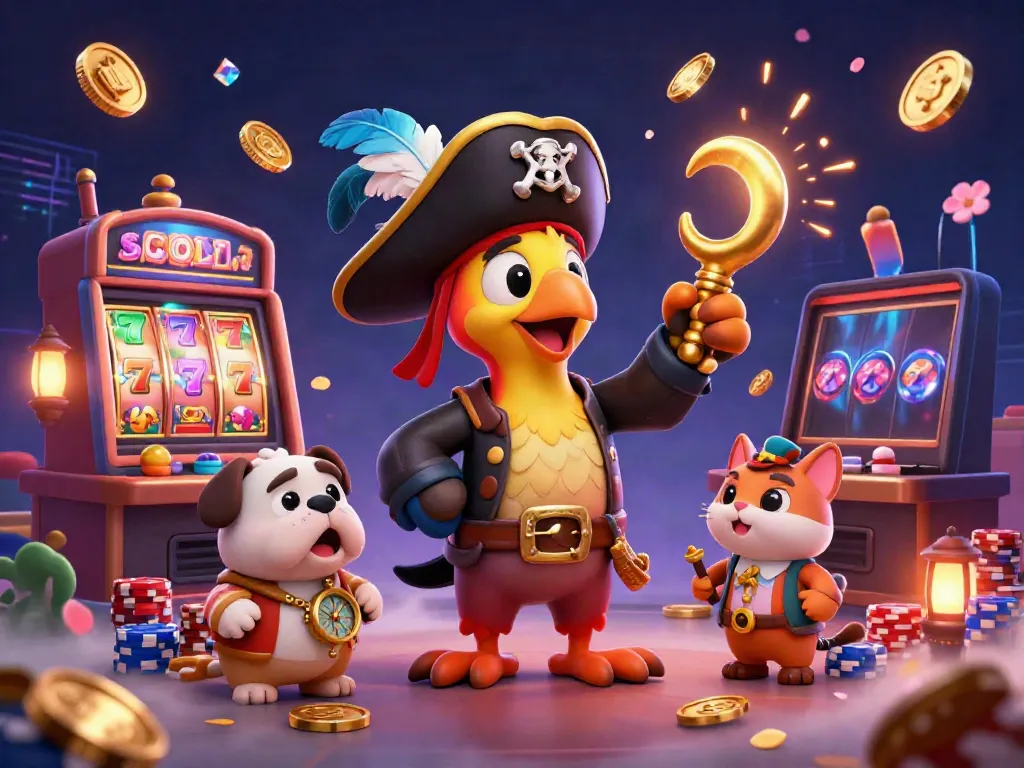 Engage with vibrant slot gameplay featuring dynamic casino elements—spinning reels, coins, and characters.