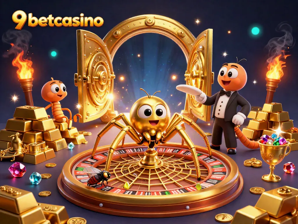 Experience the thrills of 9betcasino with a lively illustration of a golden spider on a roulette wheel.