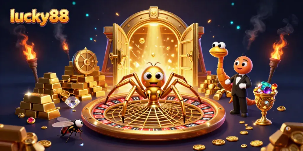 Experience thrilling gameplay at lucky88 with golden webs, riches, and vibrant action in this 3D scene.