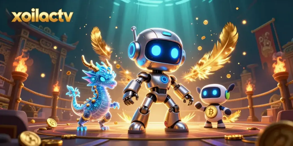 Xoilactv showcases a neon cyberpunk robot and dragon in a vibrant gambling arena filled with banners and coins.