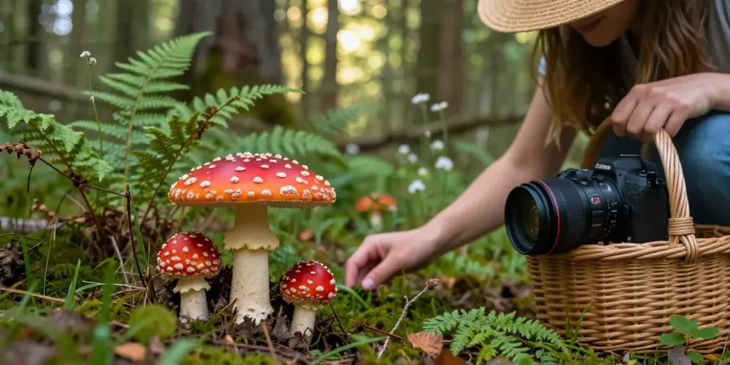 Fliegenpilz kaufen: Person sammelt frische Amanita Muscaria im Wald.