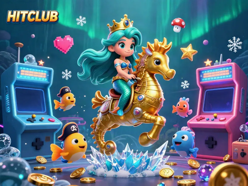 Experience HITCLUB's adventurous mermaid gaming realm with underwater characters and vibrant casino elements.