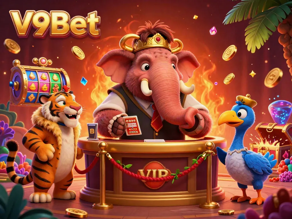 Experience the thrilling V9Bet casino ambiance with a whimsical woolly mammoth bouncer and a saber-tooth VIP at the door.