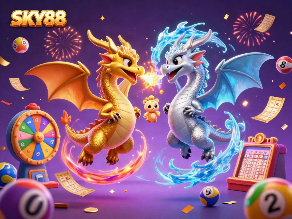 SKY88 dragons unleash fire and ice in a vibrant casino-themed celebration full of dynamic game elements.