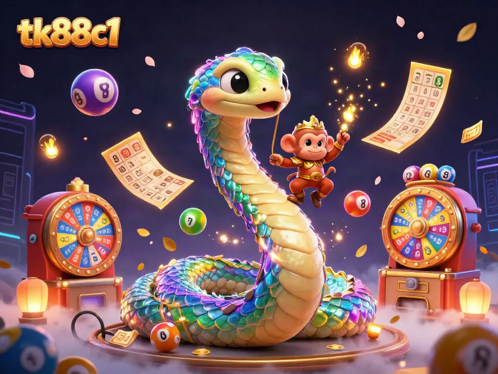 Engage with tk88c1 through a vibrant casino scene featuring colorful lottery elements and a magical serpent