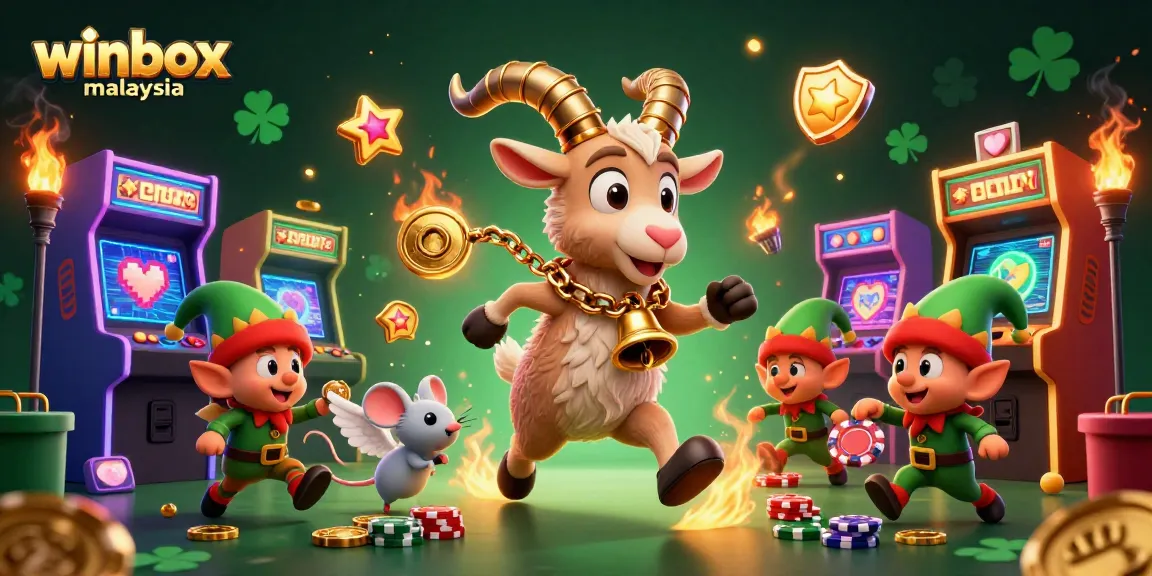 Winbox Malaysia casino scene showing Krampus goat, angel mouse, and elf gremlins amidst festive gameplay elements.