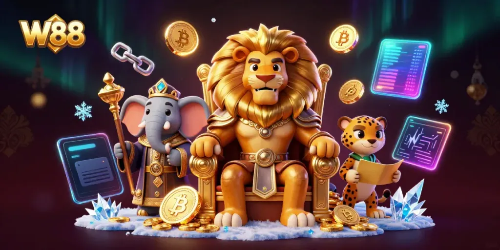 Join the excitement at W88 with a regal lion, wise elephant, and swift cheetah in a vibrant casino world.